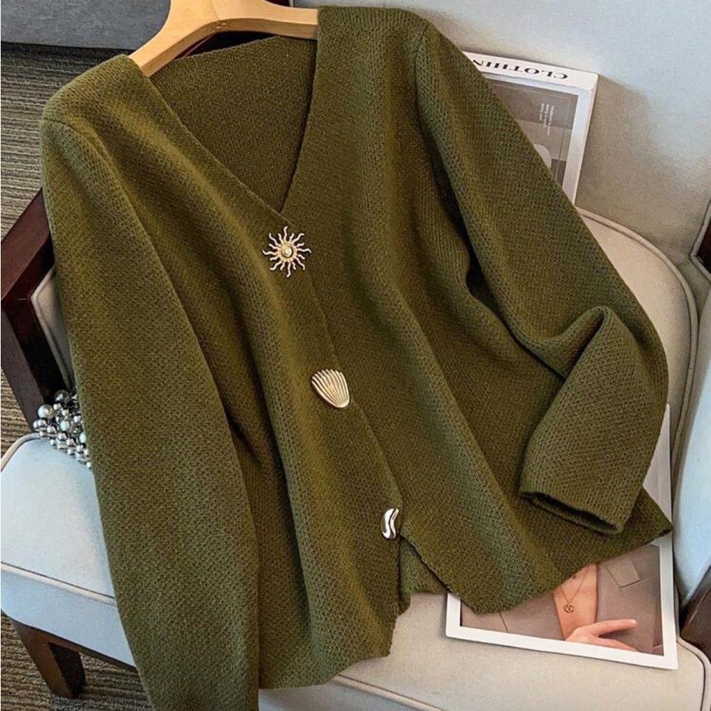 Olive Green Women's Sweater with Unique Button Design